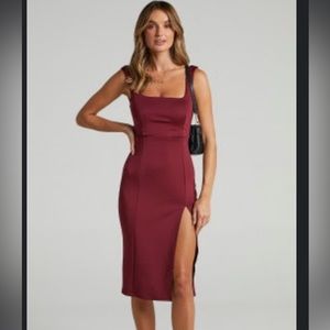 Showpo MINI LOVE SQUARE NECK SPLIT MIDI DRESS IN WINE